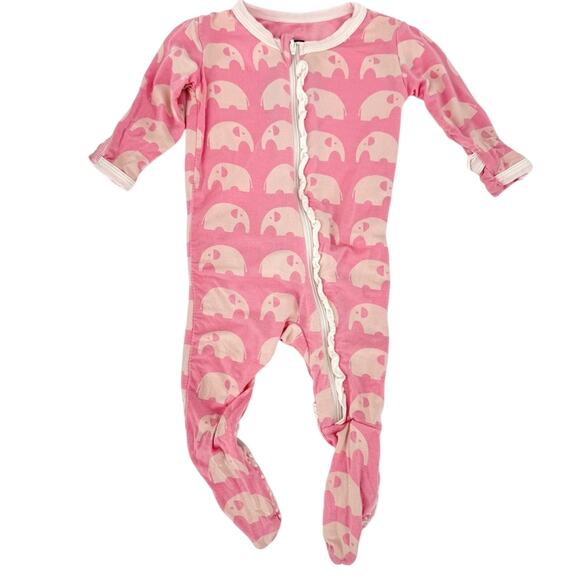 Kickee Pants Pink Elephant Zip‎ Up Footie Bamboo Pajama 0-3 Months - Picture 1 of 7